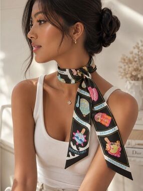 HERMES Silk Twilly Scarf Funny Ice Cream Black